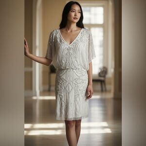 Aidan Mattox Art Deco Beaded Cocktail Dress Silver Gatsby